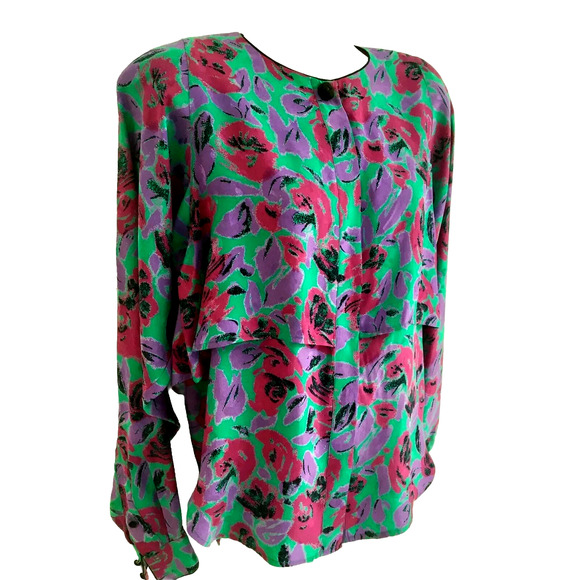 Flora Kung Silk Top Blouse Long Sleeve Floral Purple Teal Button Shirt 8 M VTG - Picture 7 of 10